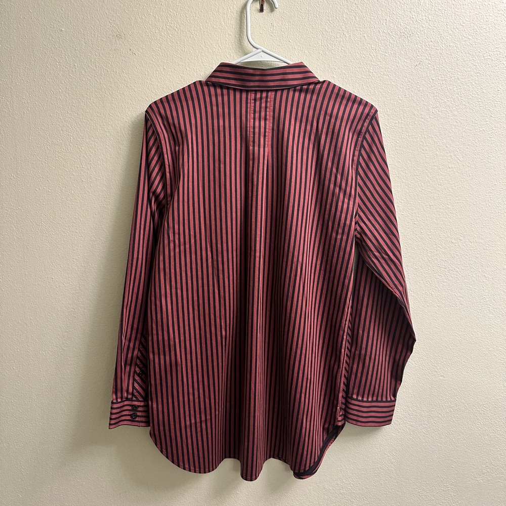 Chicos No Iron Button Down Blouse Size 1/U.S. 8 Maroon and Black strip - Picture 2 of 8